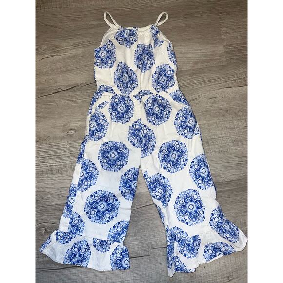 Janie and Jack X Rachel Zoe Blue and White boho wide leg eyelet jumpsuit size 4 - Picture 2 of 4